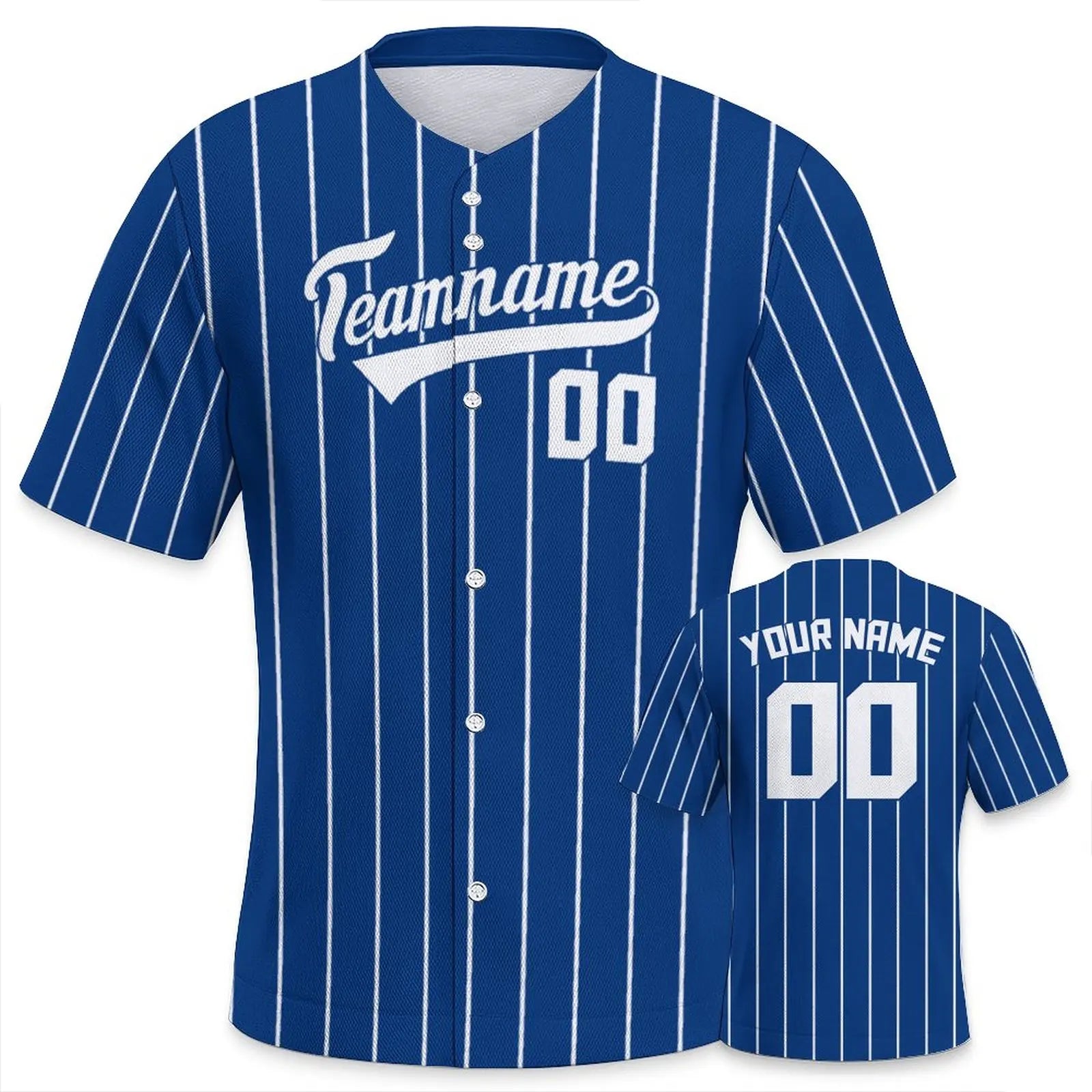 Blue baseball jersey with white pinstripes and customizable text on a white background