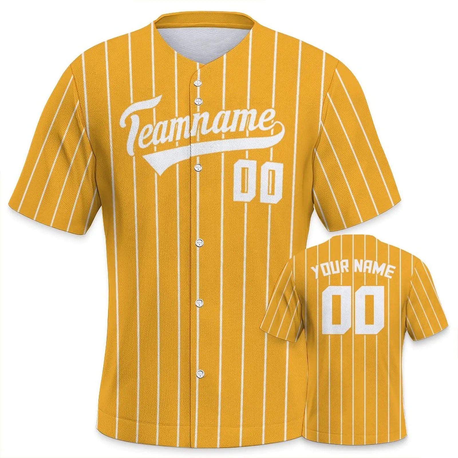 Gold baseball jersey with white pinstripes and customizable text on a white background