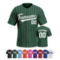 Green pinstripe baseball jersey with customizable text on a white background