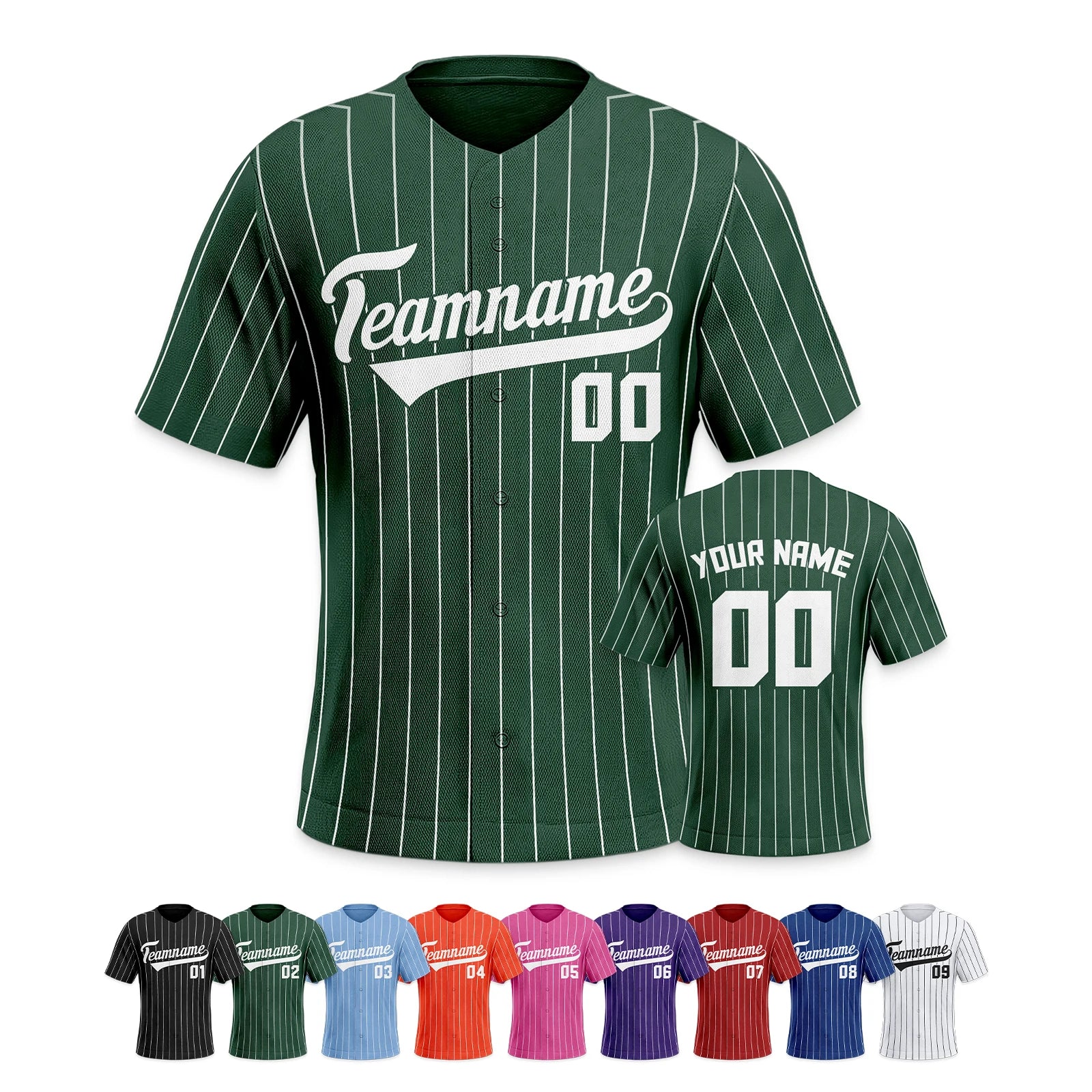 Green pinstripe baseball jersey with customizable text on a white background
