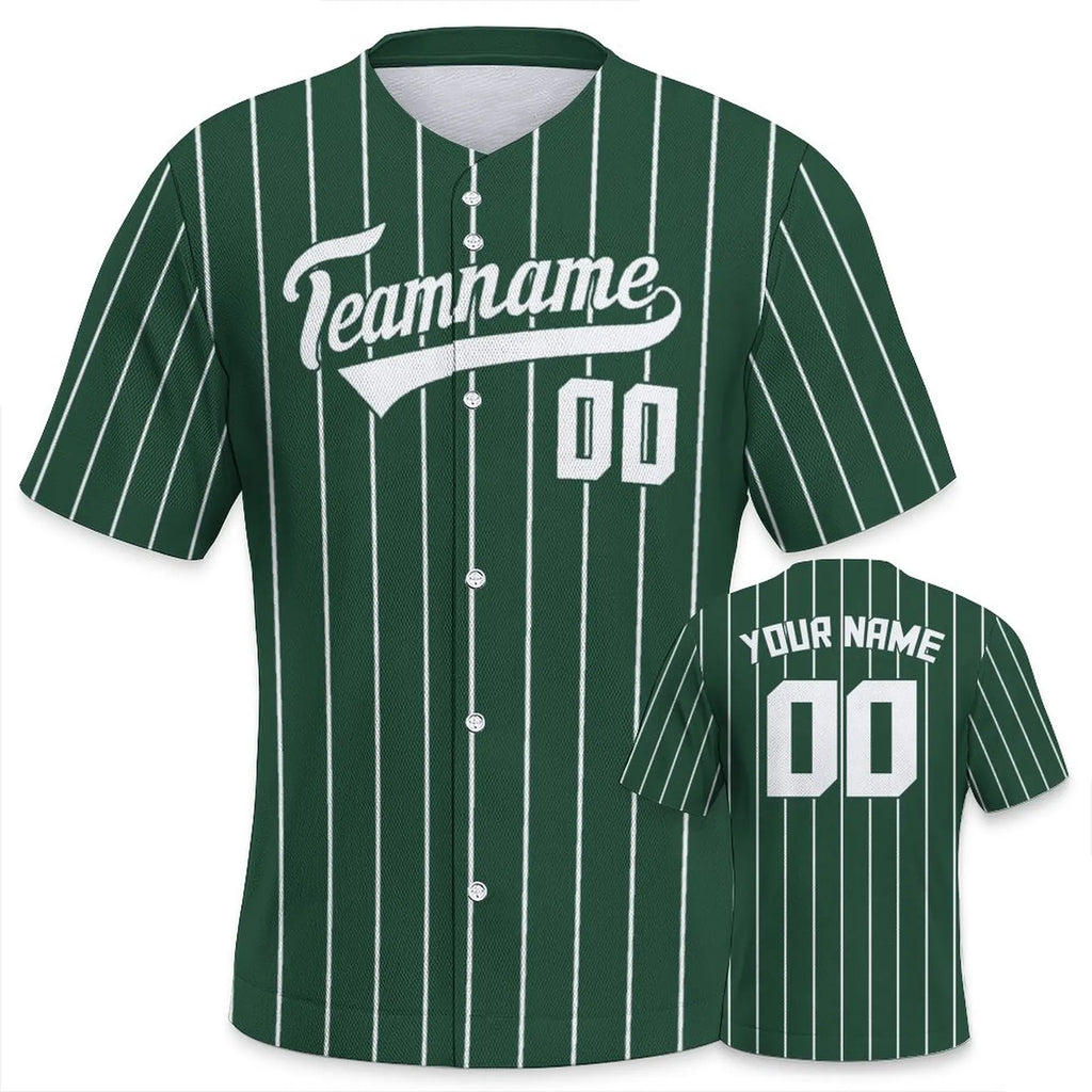 Green baseball jersey with white pinstripes and customizable text on a white background