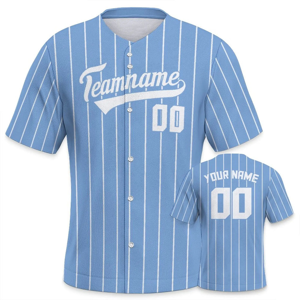 Light Blue baseball jersey with white pinstripes and customizable ext on a white background