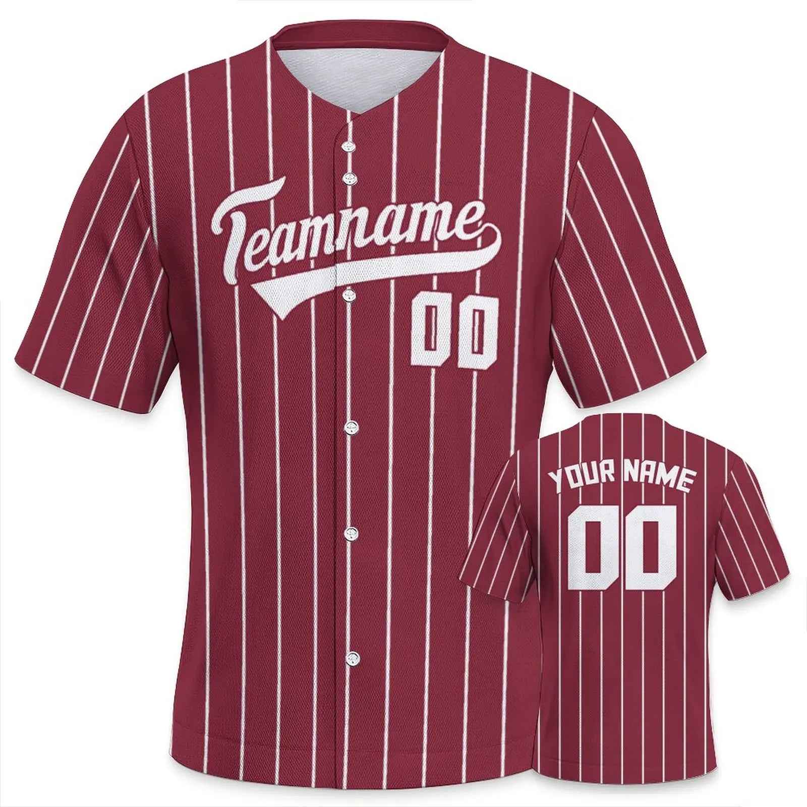 Maroon baseball jersey with white pinstripes and customizable text on a white background