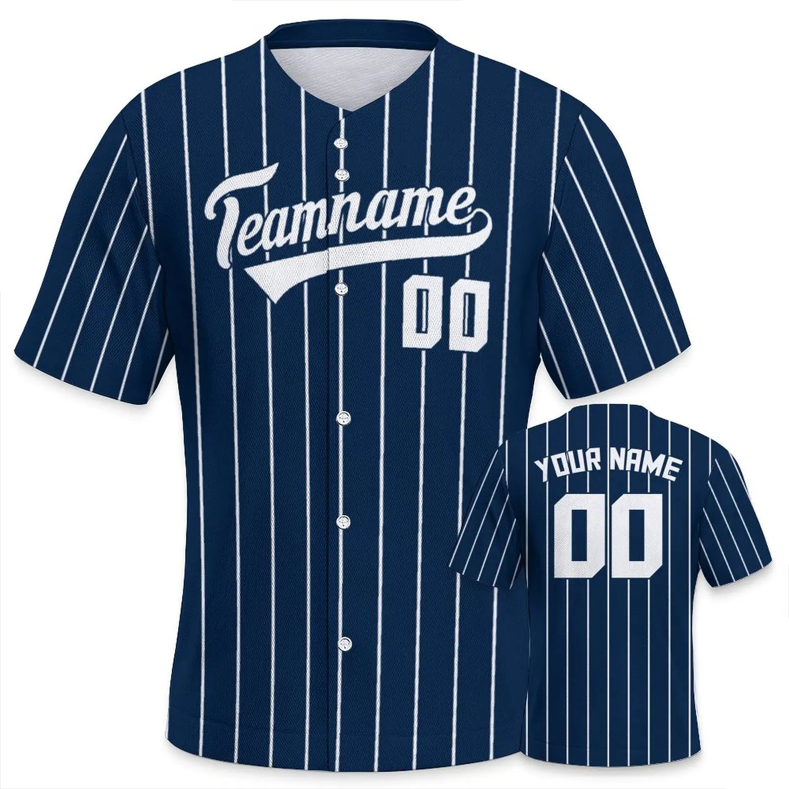 Navy blue baseball jersey with white pinstripes and customizable text on a white background