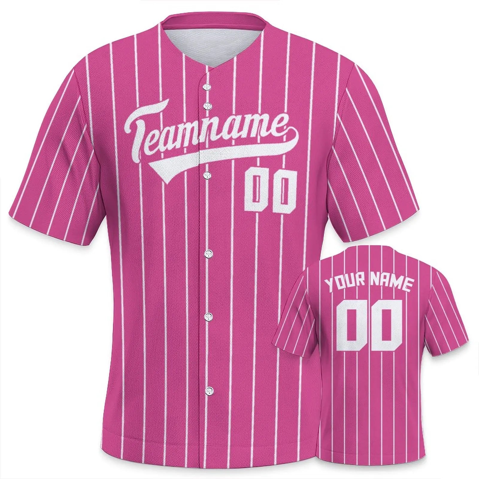 Pink baseball jersey with white pinstripes and customizable text on a white background