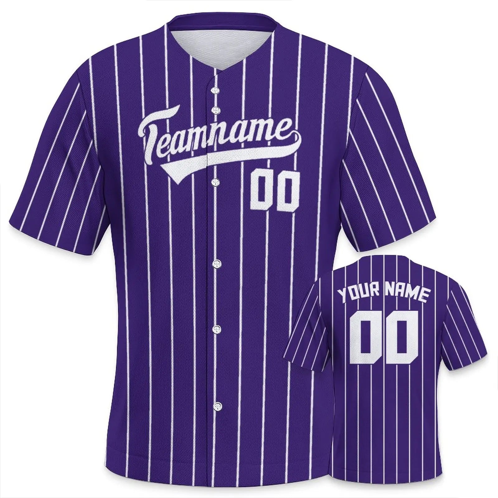 Purple baseball jersey with white pinstripes and customizable text on a white background