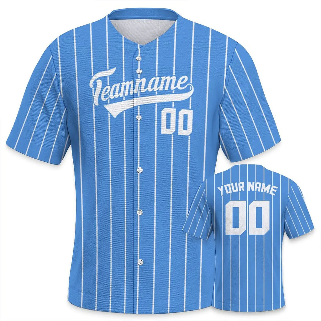 Sky Blue baseball jersey with white pinstripes and customizable text on a white background