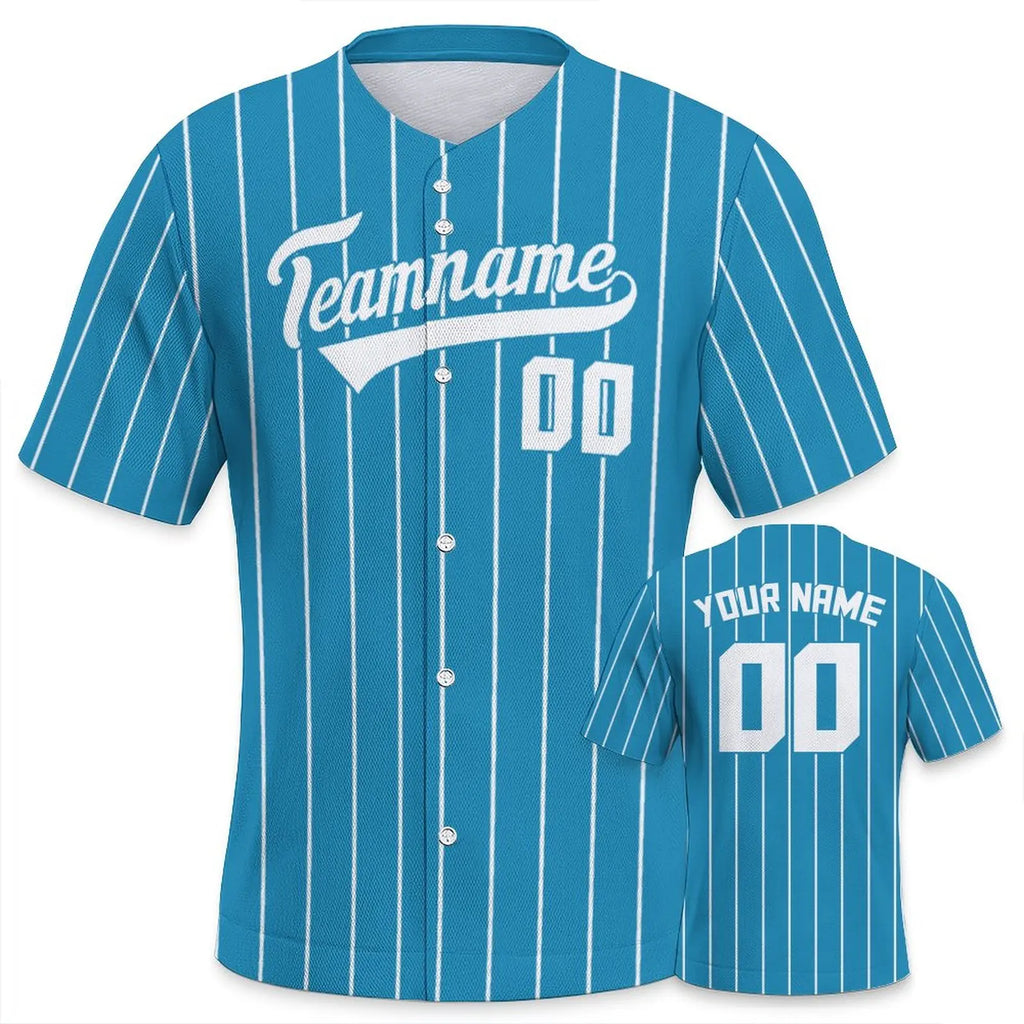 Teal Blue baseball jersey with white pinstripes and customizable text on a white background