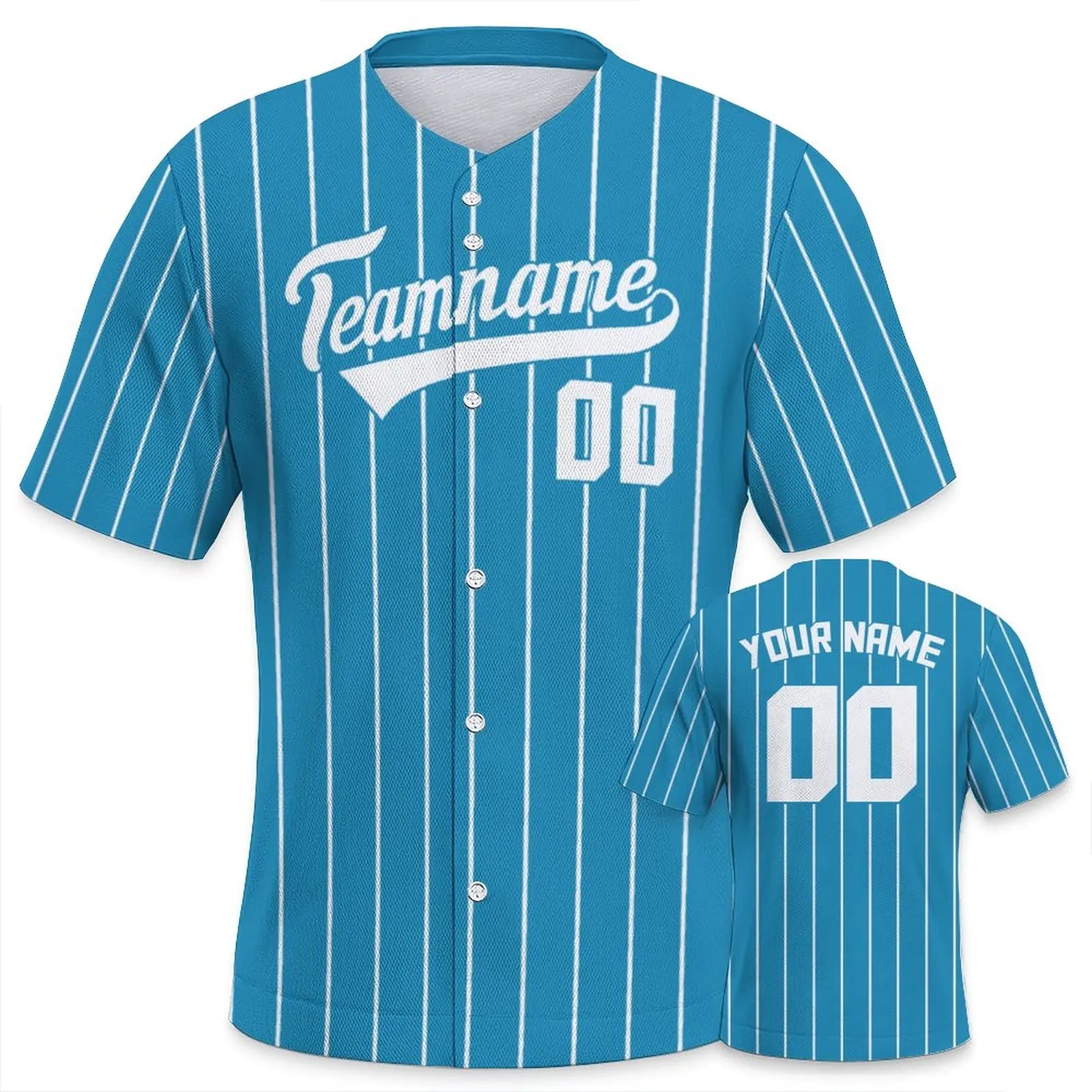 Teal Blue baseball jersey with white pinstripes and customizable text on a white background