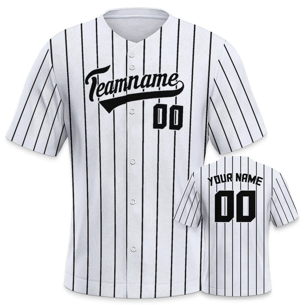 White baseball jersey with black pinstripes and customizable text on a white background