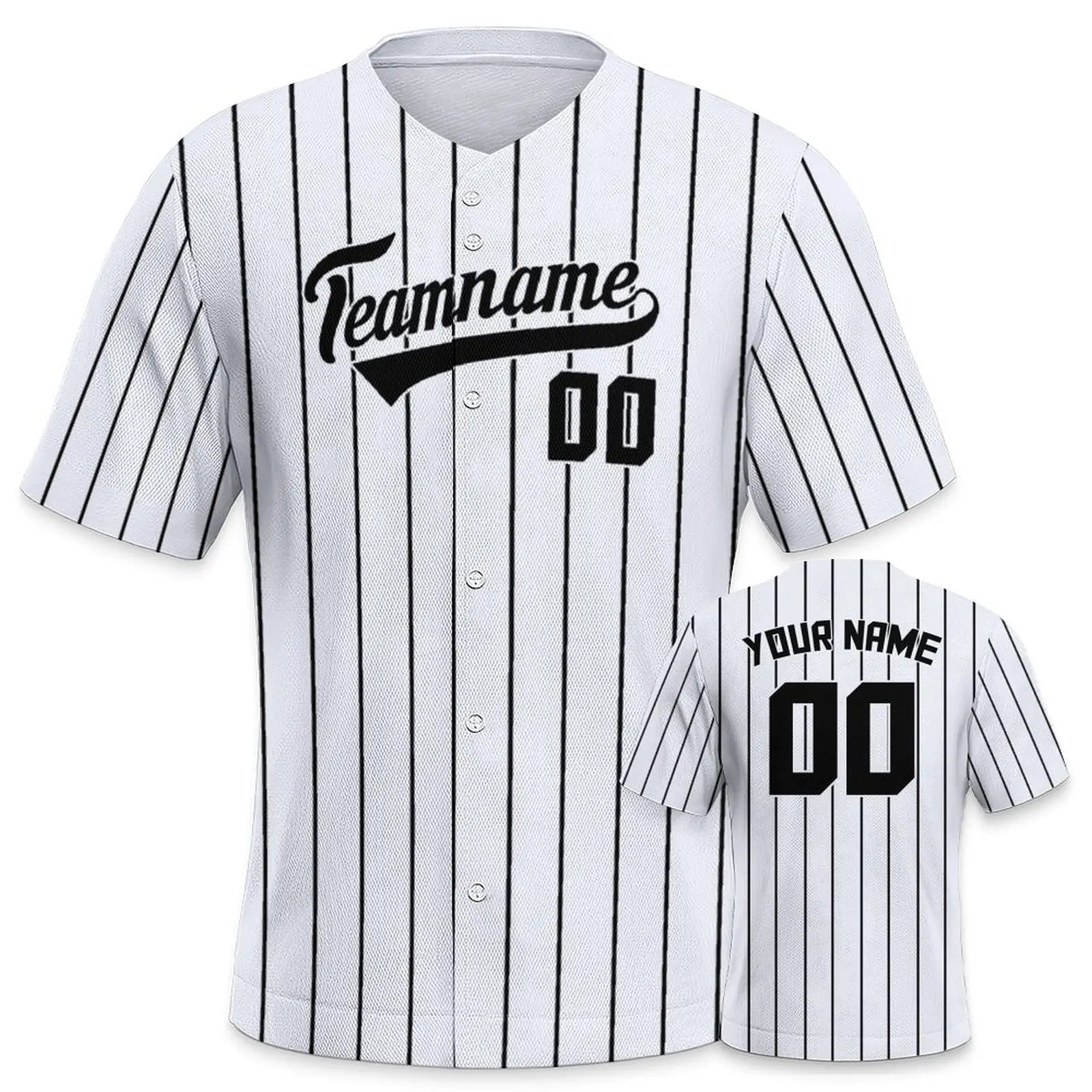 White baseball jersey with black pinstripes and customizable text on a white background