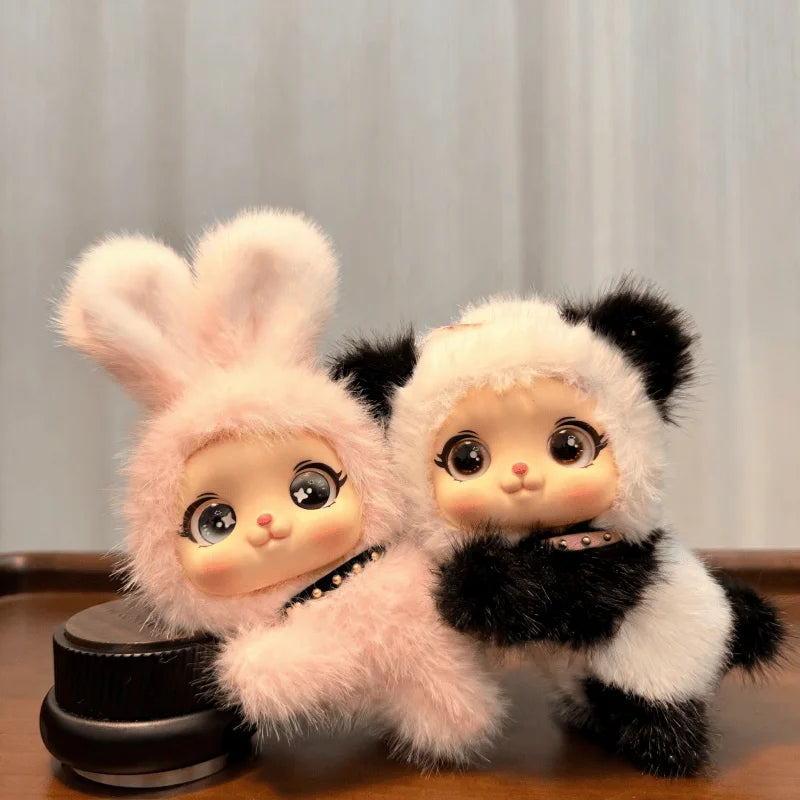 Vinyl Face Cat Plush Toy Cute Animal Rabbit Stripe Panda Stuffed Doll Blind Box Style Pendant Keychain Bag Decor Birthday Gift